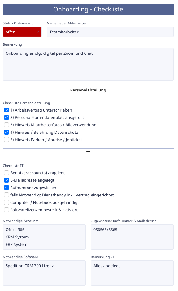 Feature: Checkliste Onboarding